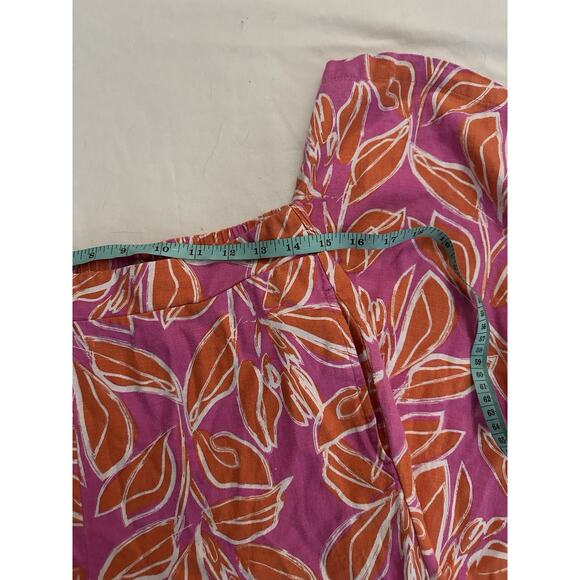 Tropical Leaf Print Wide Leg Pants โ Pink Orange Elastic Waist โ Size L - Picture 2 of 6